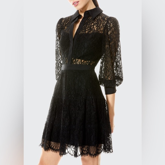 Alice + Olivia Anaya Collared Tiered Short Dressin Black Size 0 NWT